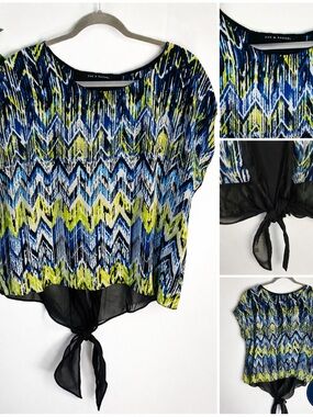 Zac & Rachel Chevron Print Blouse -Tie Back Hem -Blue Lime Black -Size Large
